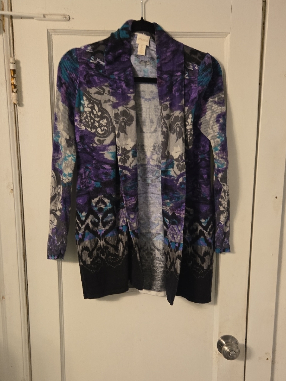 Chico's Purple, Teal & Gray Open-Front Patterned Cardigan